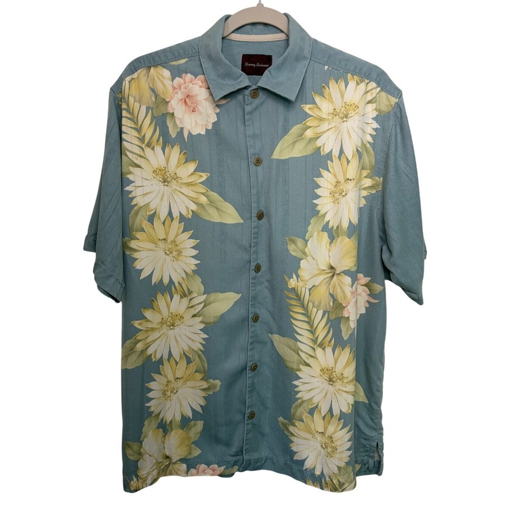 Tommy Bahama Silk Shirt Mens M Blue Floral Hawaiian Button Up Hibiscus Plumeria
